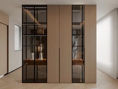 Modern Wooden Display Cabinet With Glass Doors Metal Frames And Shelves In Bright Room 3d model