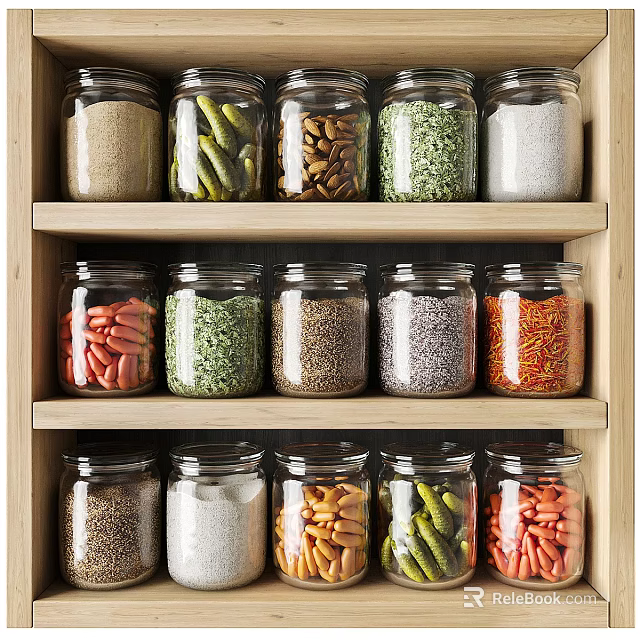 Clear Glass Spice Jars For Kitchen Storage On Wooden Shelf With Various Spices 3d model 