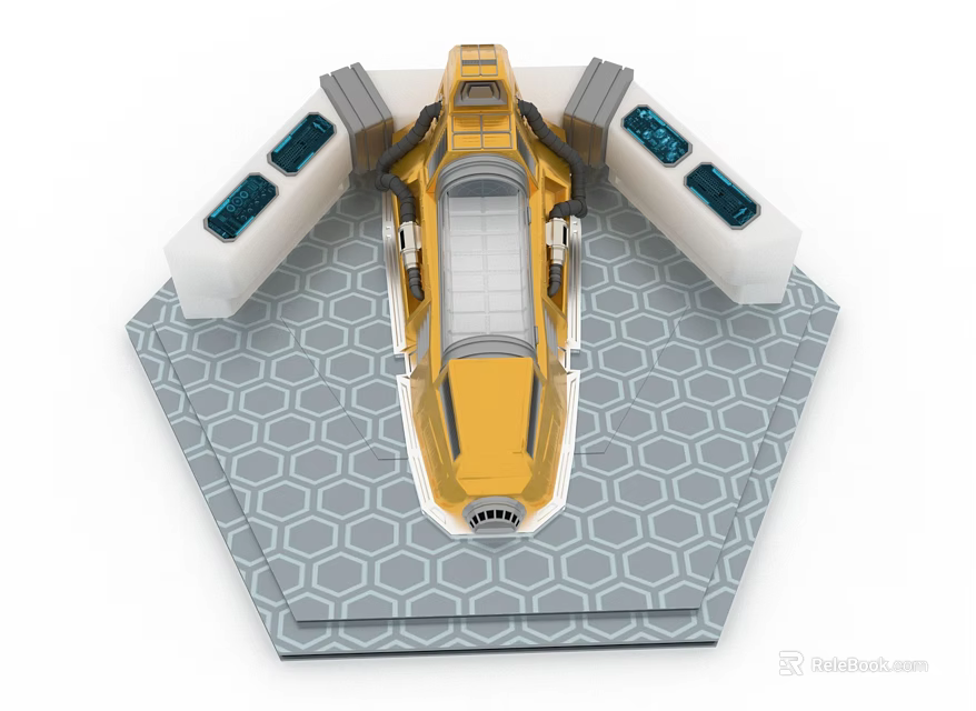 Futuristic Yellow Technological Device With Hexagonal Base White Panels And Blue Screens 3d model 