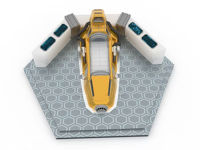 Futuristic Yellow Technological Device With Hexagonal Base White Panels And Blue Screens 3d model