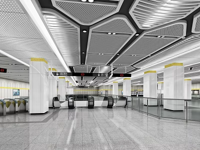 Modern Subway Station Interior With Geometric Ceiling White Columns And Turnstiles 3d model