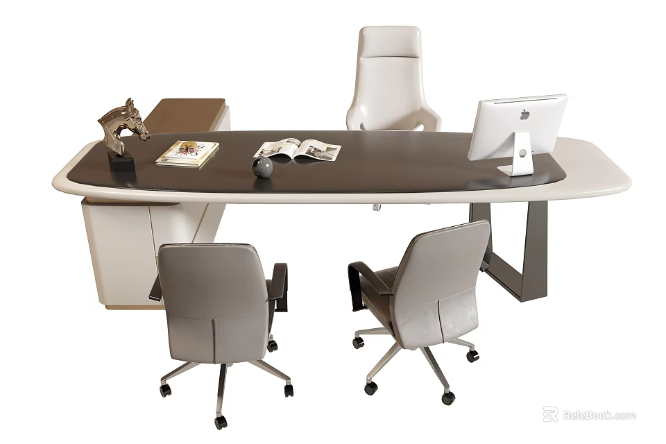 Modern Office Desk Design With Ergonomic Chairs Computer Monitor And Documents 3d model 