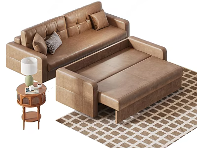 Brown Leather Sofa Set With Chaise Lounge And Side Table Lamp On Checkered Rug 3d model