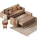 Brown Leather Sofa Set With Chaise Lounge And Side Table Lamp On Checkered Rug
