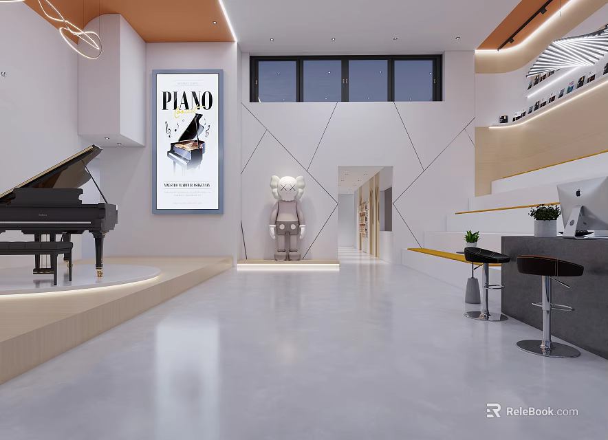 Modern Piano Store Interior With Display Area Poster And Lighting Elements 3d model