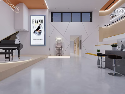 Modern Piano Store Interior With Display Area Poster And Lighting Elements 3d model