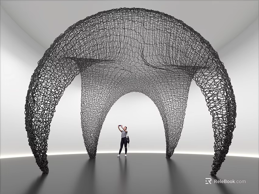 Black Arched Net Like Art Installation In White Gallery With Person Standing Beneath 3d model 