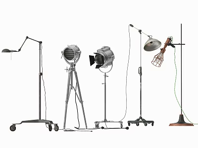 Vintage Floor Lamps With Tripod Base Metal Construction And Rolling Wheels 3d model
