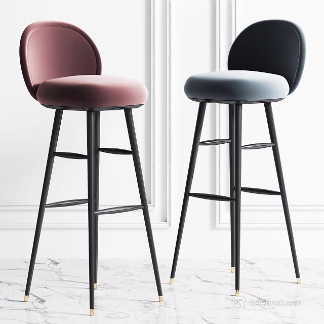 Modern Bar Stools With Curved Backrest Padded Seat Pink Black Light Gray Metal Legs Footrest 3d model 