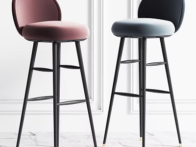 Modern Bar Stools With Curved Backrest Padded Seat Pink Black Light Gray Metal Legs Footrest 3d model