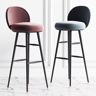 Modern Bar Stools With Curved Backrest Padded Seat Pink Black Light Gray Metal Legs Footrest 3d model