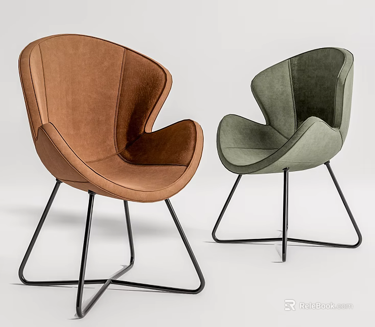 Modern Brown and Green Upholstered Accent Chairs with Black Metal Legs and Curved Backrests 3d model 