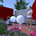 Vibrant Square Landscape With Red Curtains White Spherical Installations Colorful Flowers And People