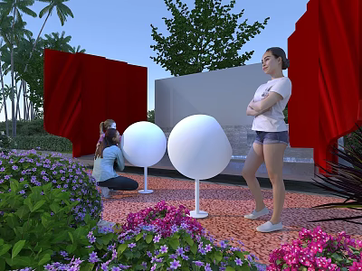 Vibrant Square Landscape With Red Curtains White Spherical Installations Colorful Flowers And People 3d model