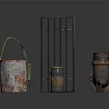 Old Rusty Barrel Green Machine Iron Gate Metal Pipe And Small Can Collection