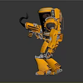 Yellow Robot with Transparent Helmet Holding Black Tool and Colorful Interior