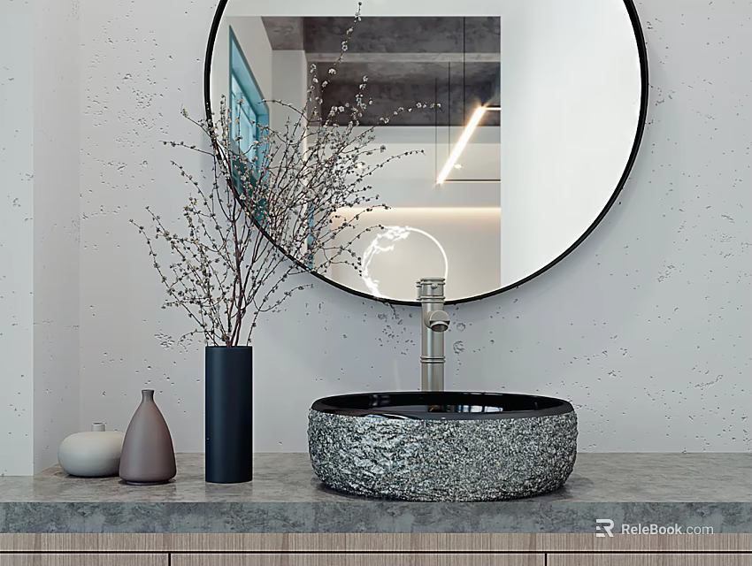Textured Stone Bathroom Sink with Black Framed Round Mirror Gray Countertop and Dried Branch Vases 3d model 