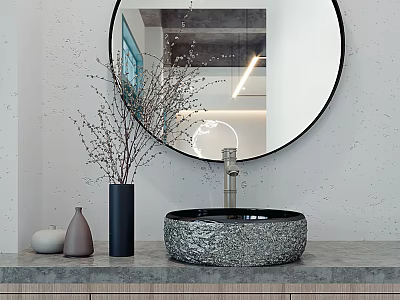 Textured Stone Bathroom Sink with Black Framed Round Mirror Gray Countertop and Dried Branch Vases 3d model