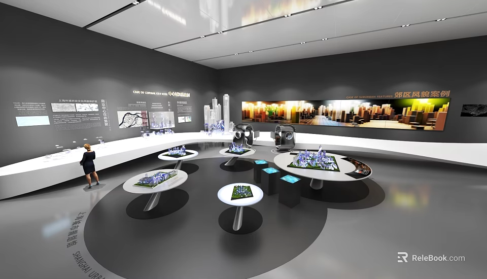 Contemporary Exhibition Hall With Circular Display Tables Building Models And Cityscape Wall 3d model 