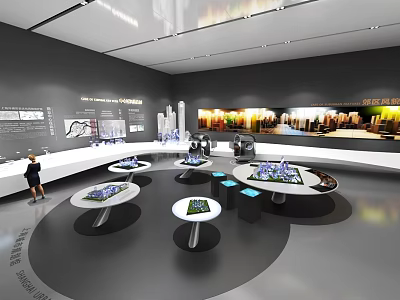 Contemporary Exhibition Hall With Circular Display Tables Building Models And Cityscape Wall 3d model