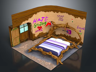 Whimsical Room Interior With Wooden Branch Bed Frame And Graffiti Walls 3d model