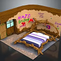Whimsical Room Interior With Wooden Branch Bed Frame And Graffiti Walls