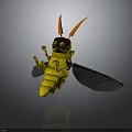 3D Cartoon Yellow Bee Figure With Orange Antennae And Black Wings