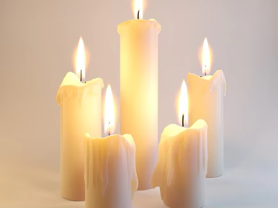 Lit Candle Lamps With Burning Flames Dripping Wax And Warm Glow On Plain Background 3d model
