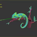 Geometric Green Blue Chameleon On Red Branch With Extended Tongue Green Leaves Dark Background