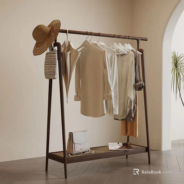 Minimalist Clothes Rack With Light Colored Clothes Straw Hat And Woven Bag 3d model 