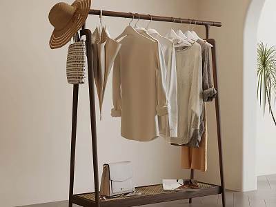 Minimalist Clothes Rack With Light Colored Clothes Straw Hat And Woven Bag 3d model