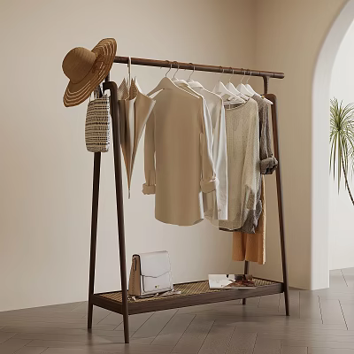 Minimalist Clothes Rack With Light Colored Clothes Straw Hat And Woven Bag 3d model