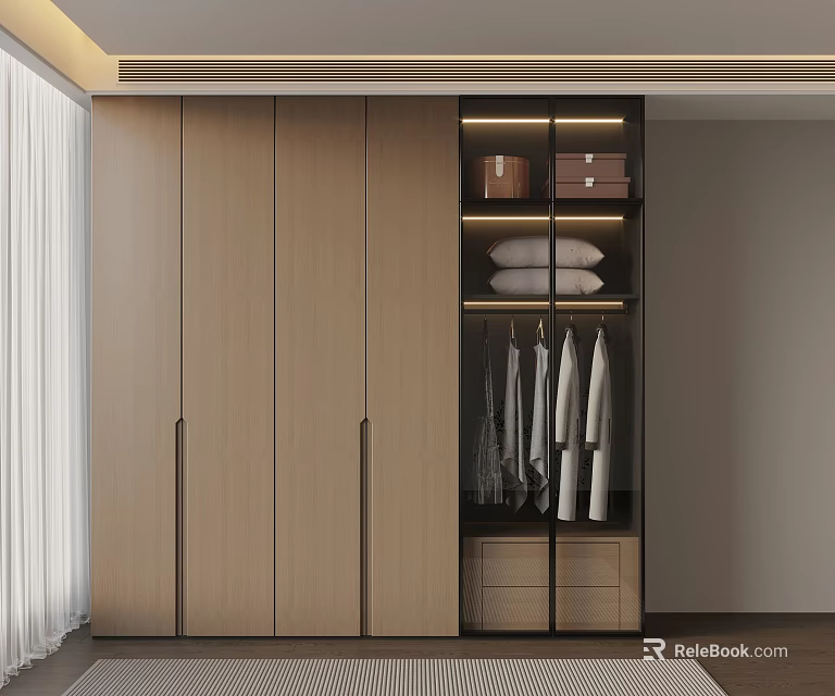 Modern Wooden Wardrobe With Glass Door Hanging Clothes Section And Drawers Storage 3d model 
