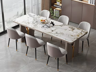 Modern Dining Table Set With Marble Top Six Light Gray Metal Leg Chairs 3d model