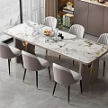 Modern Dining Table Set With Marble Top Six Light Gray Metal Leg Chairs
