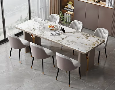 Modern Dining Table Set With Marble Top Six Light Gray Metal Leg Chairs 3d model