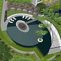 Modern Garden Landscape Design With Circular Pond Fire Pit Seating And Greenery 3d model