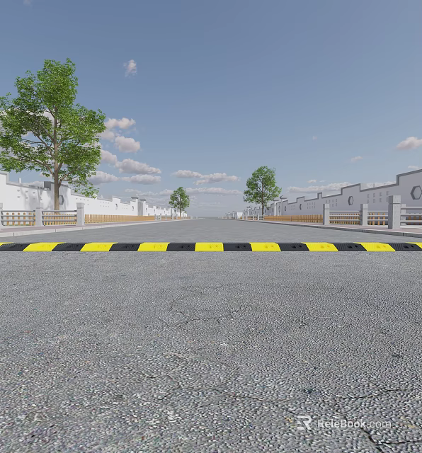 Road Facilities Featuring Yellow Black Speed Bumps Trees White Buildings And Railings On Both Sides 3d model 
