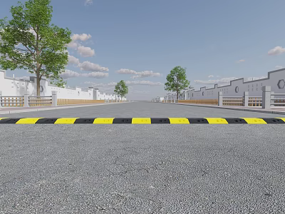 Road Facilities Featuring Yellow Black Speed Bumps Trees White Buildings And Railings On Both Sides 3d model