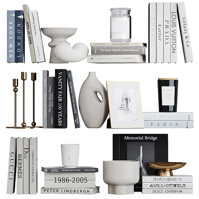 Elegant Decorative Accessories Collection With Books Vase Frame Candle And Sculpture 3d model 