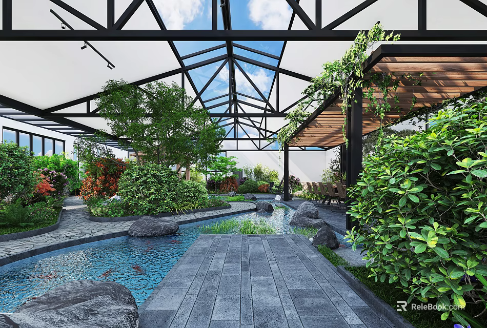 Tranquil Indoor Landscape With Glass Roof Water Feature Rocks Lush Green Plants And Wooden Deck 3d model 