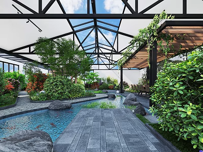 Tranquil Indoor Landscape With Glass Roof Water Feature Rocks Lush Green Plants And Wooden Deck 3d model