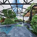 Tranquil Indoor Landscape With Glass Roof Water Feature Rocks Lush Green Plants And Wooden Deck