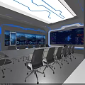Hi Tech Conference Room Interior With Large Digital Screens Blue Lighting And Metallic Chairs