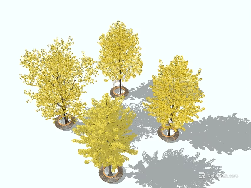 Four Yellow Leaf Arbor Trees in Garden Landscape with Round Base and Shadow Effect 3d model 