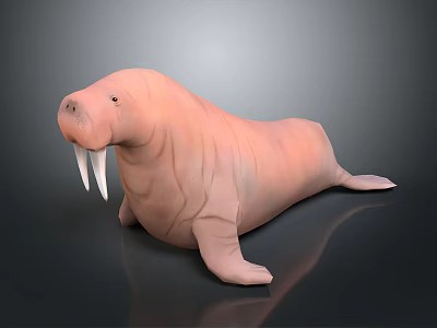 Pink Walrus With Long Ivory Tusks Smooth Skin And Lying On Reflective Surface 3d model