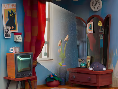 Cartoon Room Scene With Red Curtain Vintage TV Clock Mirror And Cat Doll 3d model