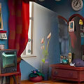 Cartoon Room Scene With Red Curtain Vintage TV Clock Mirror And Cat Doll
