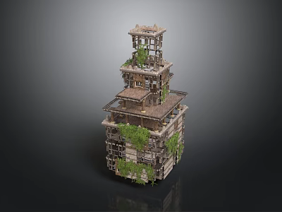 Ancient Multi Layered Building Structure With Green Plants And Wooden Details 3d model