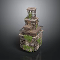 Ancient Multi Layered Building Structure With Green Plants And Wooden Details